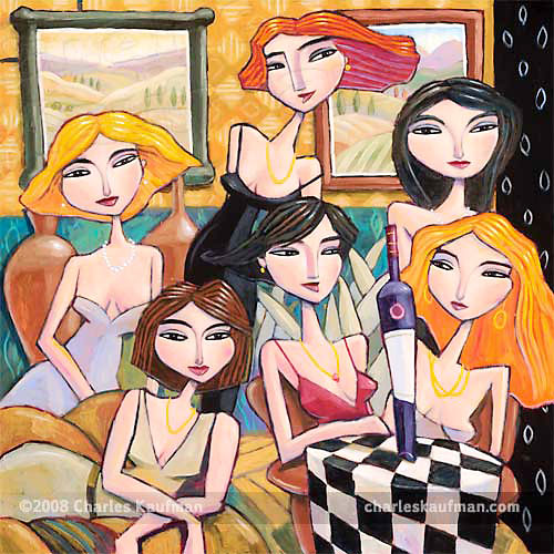 Charles Kaufman Original Art: Women Paintings - "Six Women, One Bottle of Wine, No Glasses."