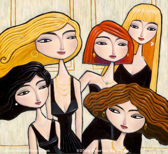 kaufman,women,figurative,painting,art,Art and Paintings by Charles Kaufman - Five Black Dresses.